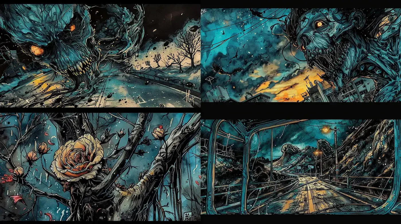 Dark Surrealism with Distinctive Illustrative Techniques - Midjourney sref style