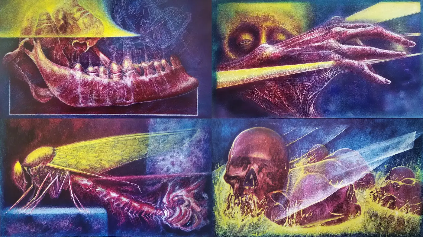 Surreal and Anatomically Complex Artwork with Vibrant Colors and Dynamic Textures - Midjourney sref style