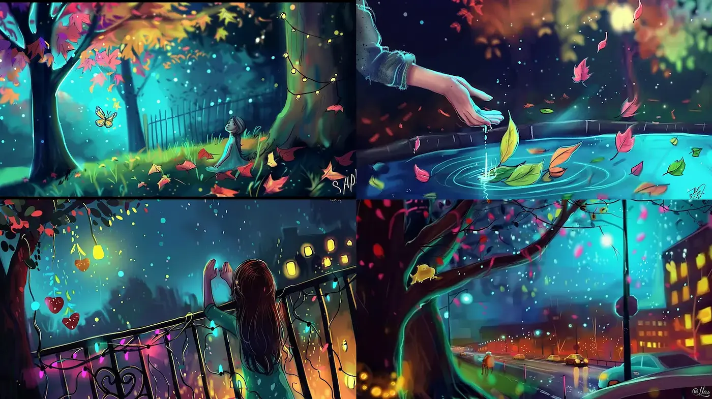 Whimsical and Enchanting Autumnal Fantasies with Luminous Elements - Midjourney sref style