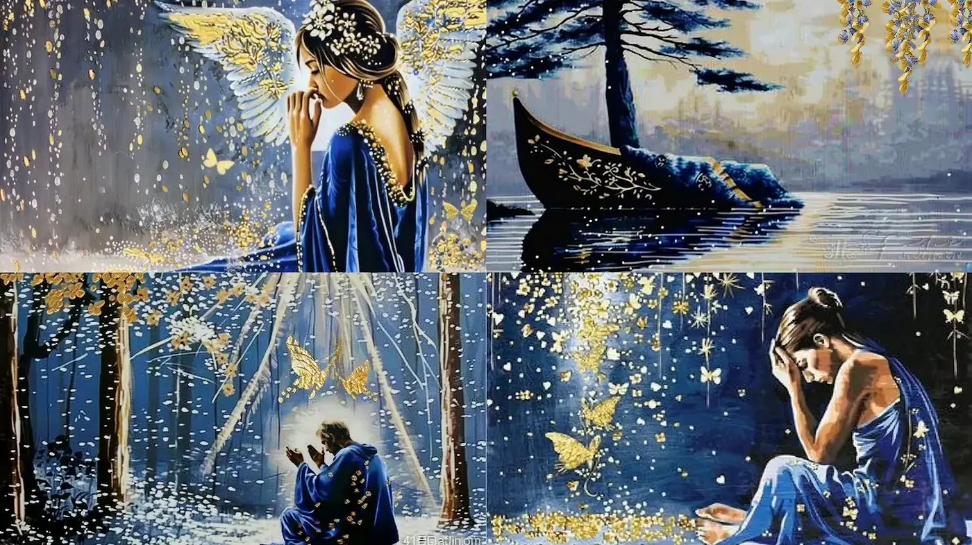 Ethereal Blue Tones with Delicate Gold Accents in a Dreamlike Realm - Midjourney sref style