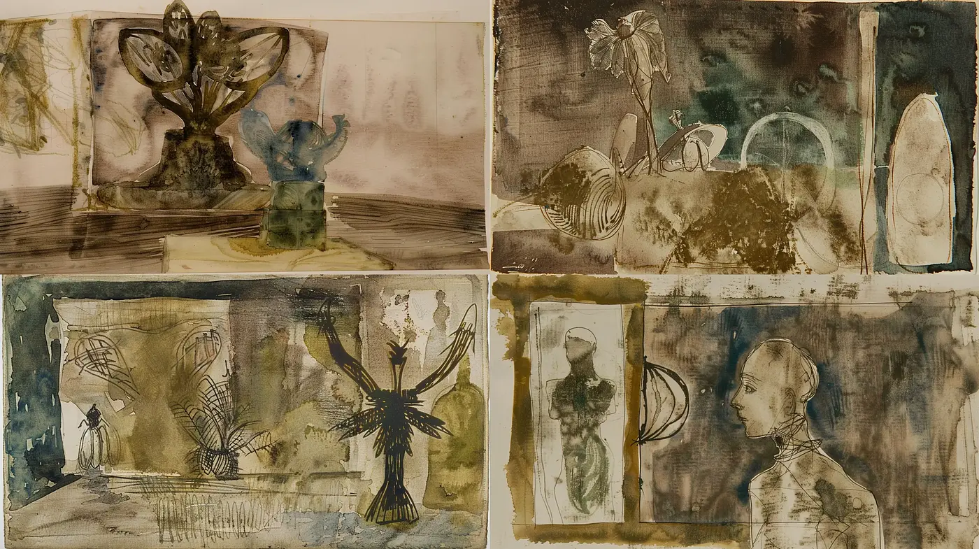 Melancholic Sepia-toned Fusion of Surrealism and Abstract Expressionism - Midjourney sref style