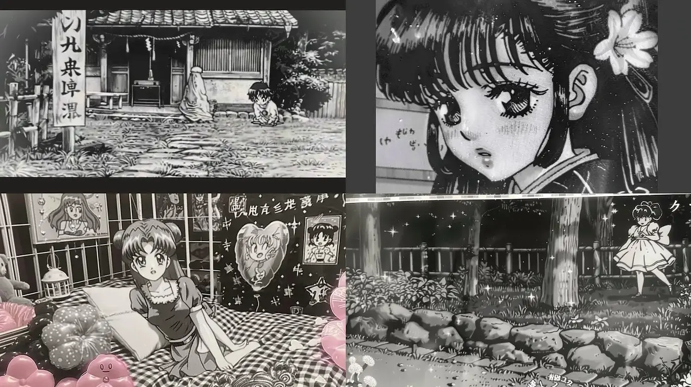 Stylized monochrome scenes with a nostalgic anime influence - Midjourney sref style