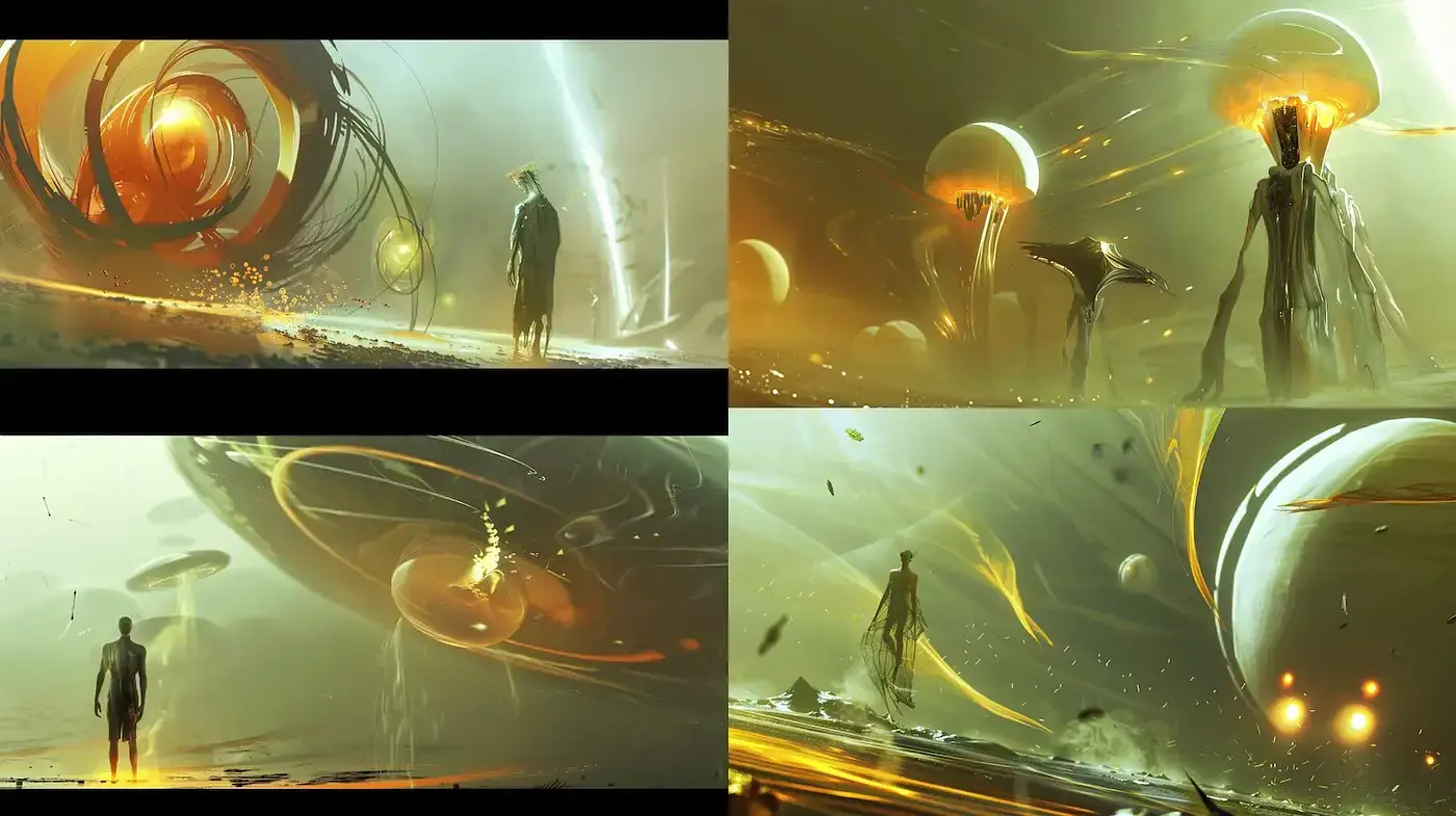 Ethereal Sci-Fi Landscapes with Surreal Elements - Midjourney sref style