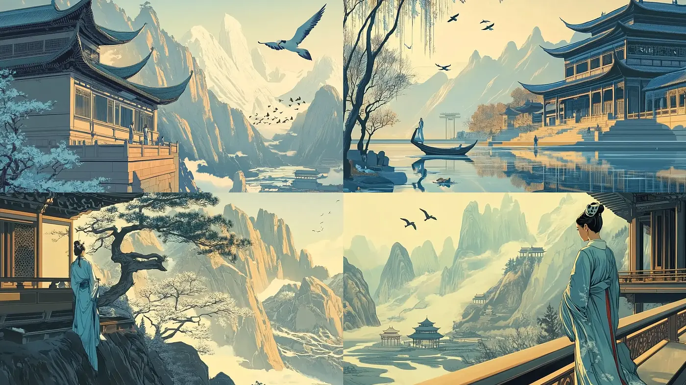 Serene Eastern Landscapes in Subdued Earthy Tones - Midjourney sref style