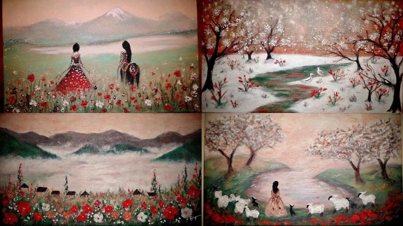 Whimsical pastoral landscapes with cultural undertones - Midjourney sref style