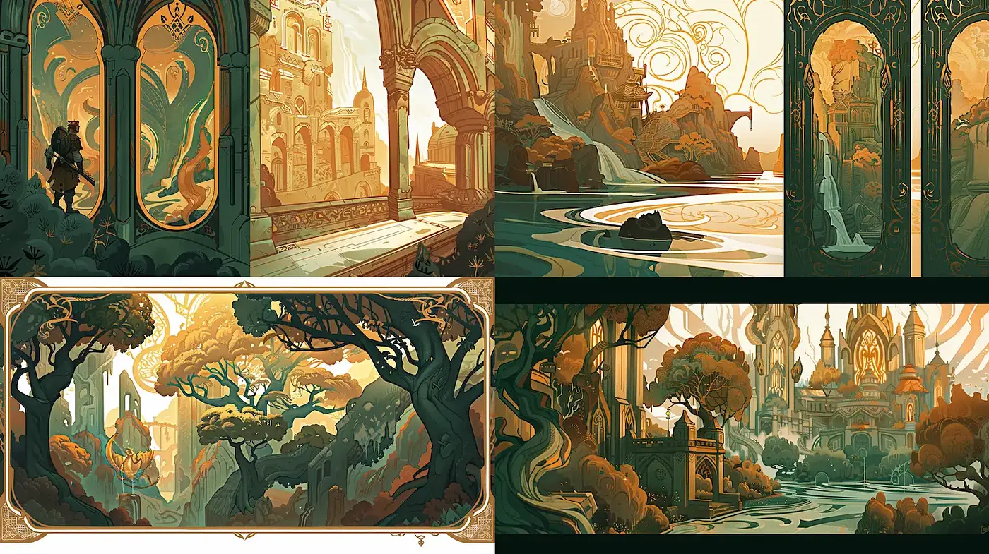 Synchronizing Elements in a Mystical and Lush Fantasy Landscape - Midjourney sref style