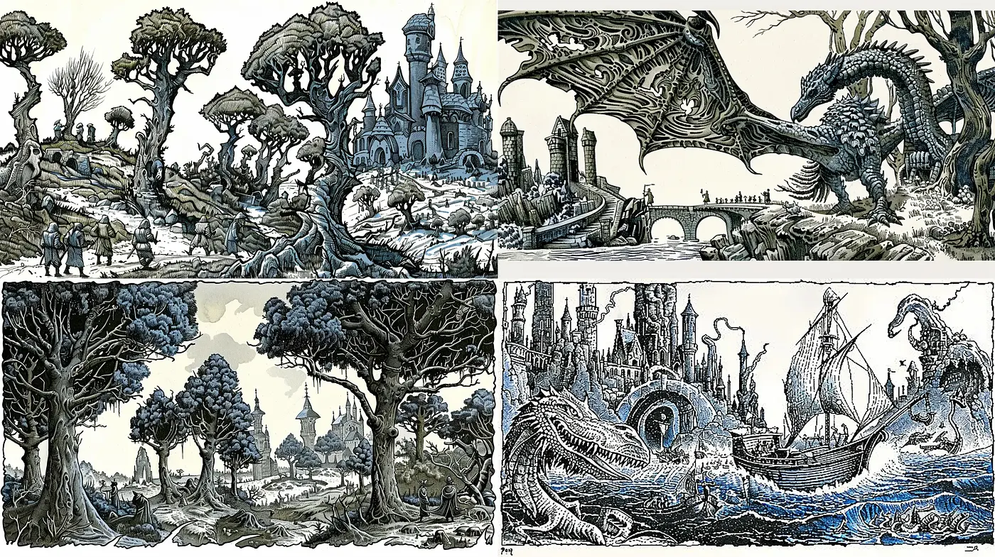 Enchanted Inkwork Tales: A Consistent Crosshatching Fantasy - Midjourney sref style