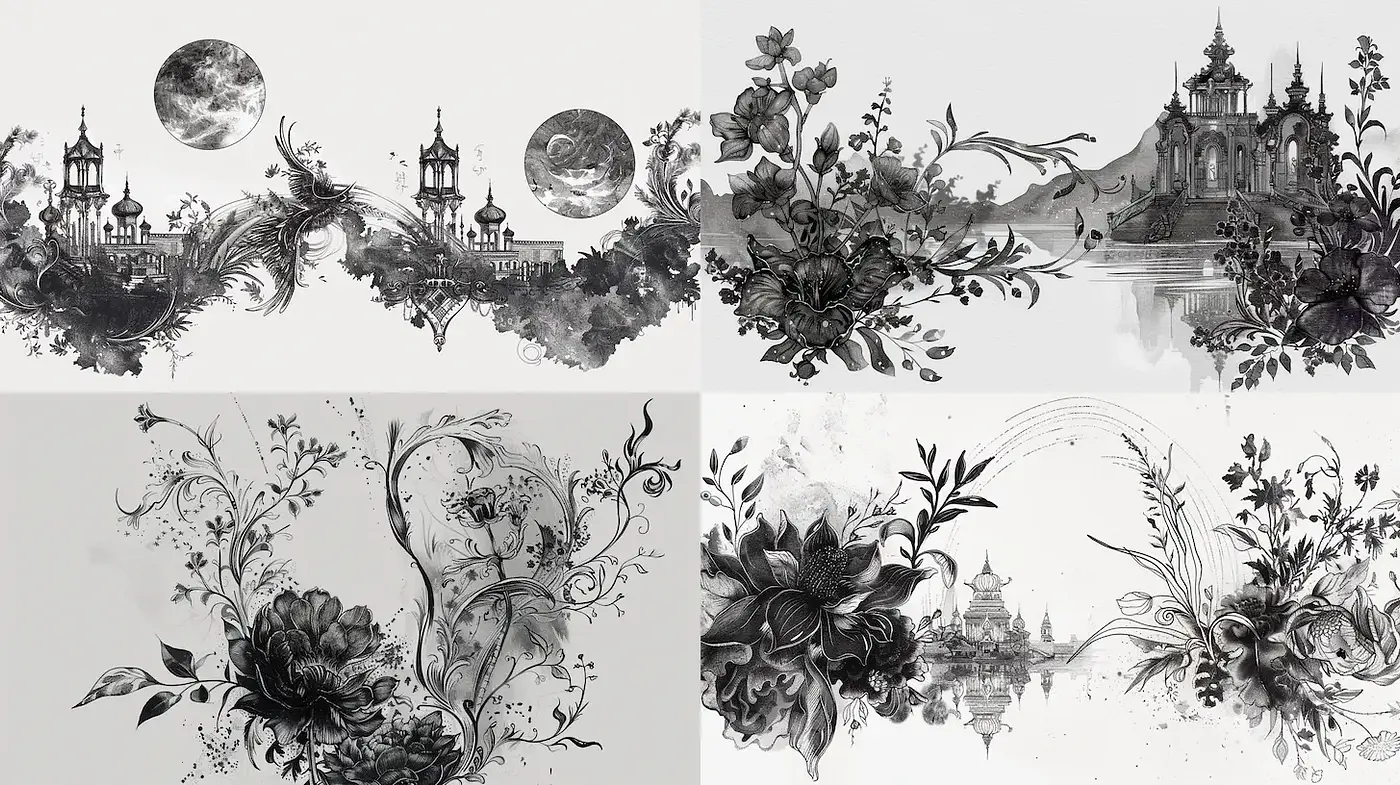 Monochromatic Floral Landscapes with Surrealist Influences - Midjourney sref style