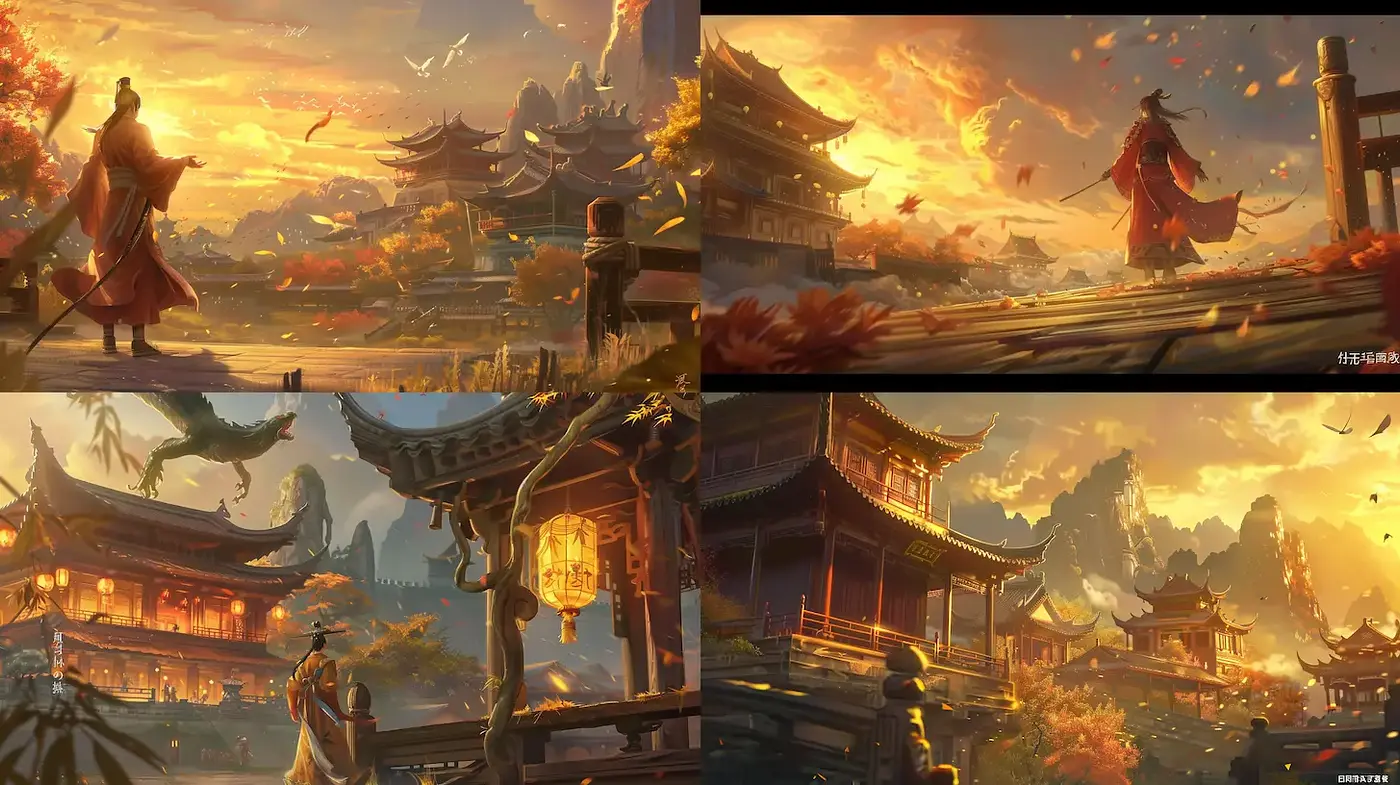 Serene and Majestic Asian Landscape with Warm Elegance - Midjourney sref style