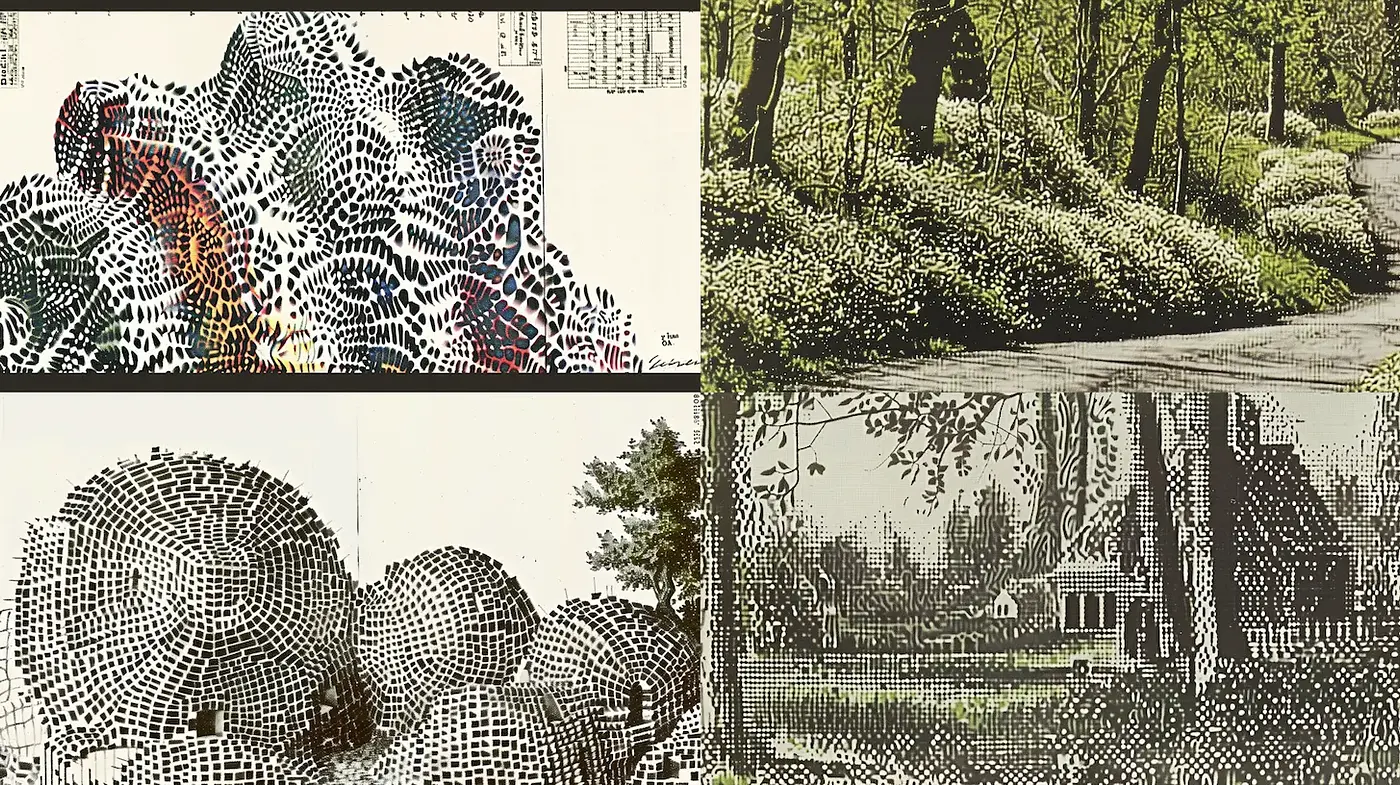 Textured Dot Art with a Nature Focus and Vintage Vibes - Midjourney sref style