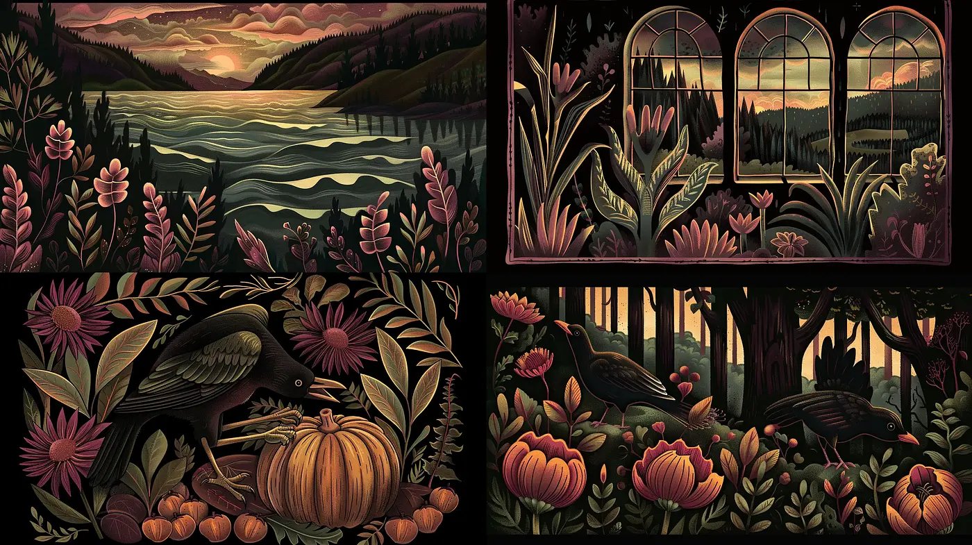 Twilight Hues and Lush Botanical Illustration - Midjourney sref style