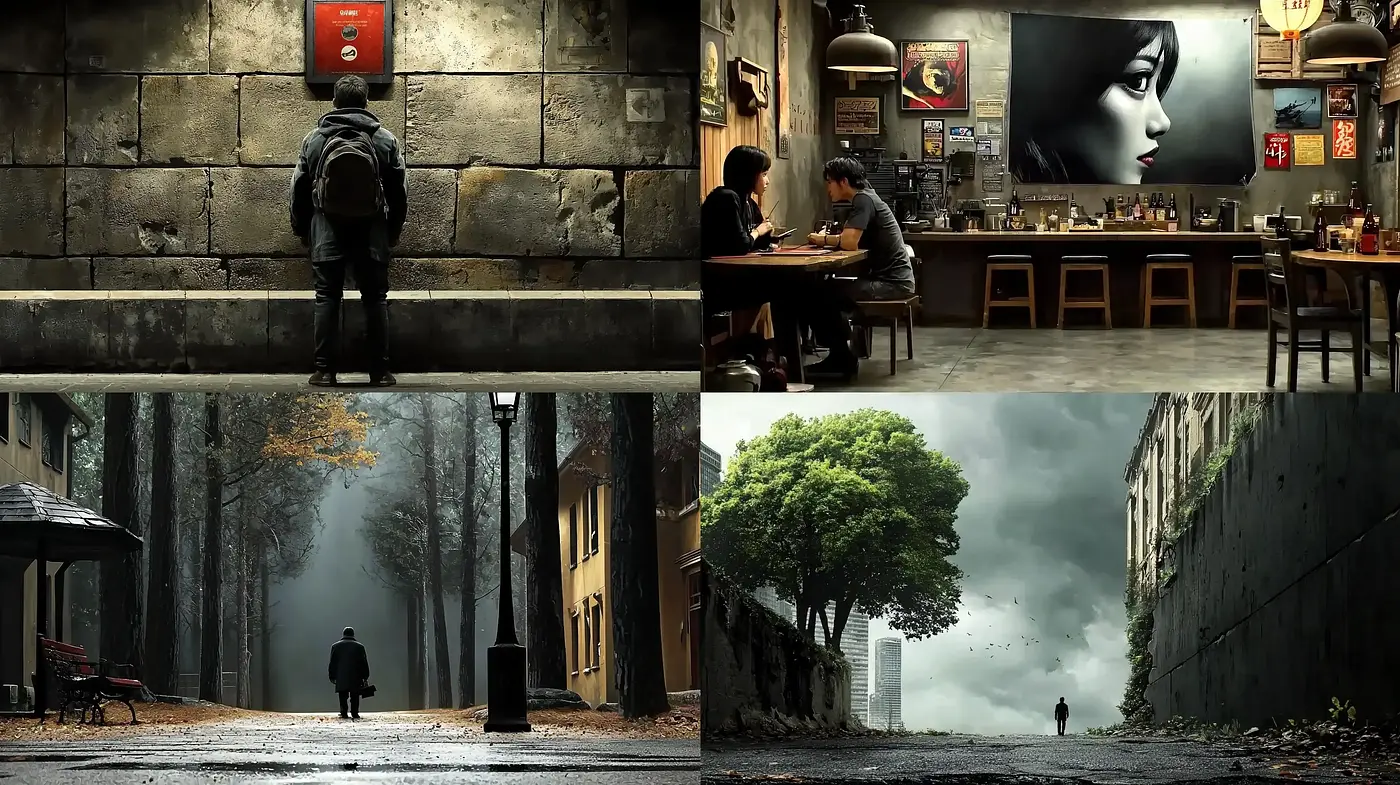 Melancholic Serenity in Somber Hues: A Cinematic Fusion of Reality and Surrealism - Midjourney sref style