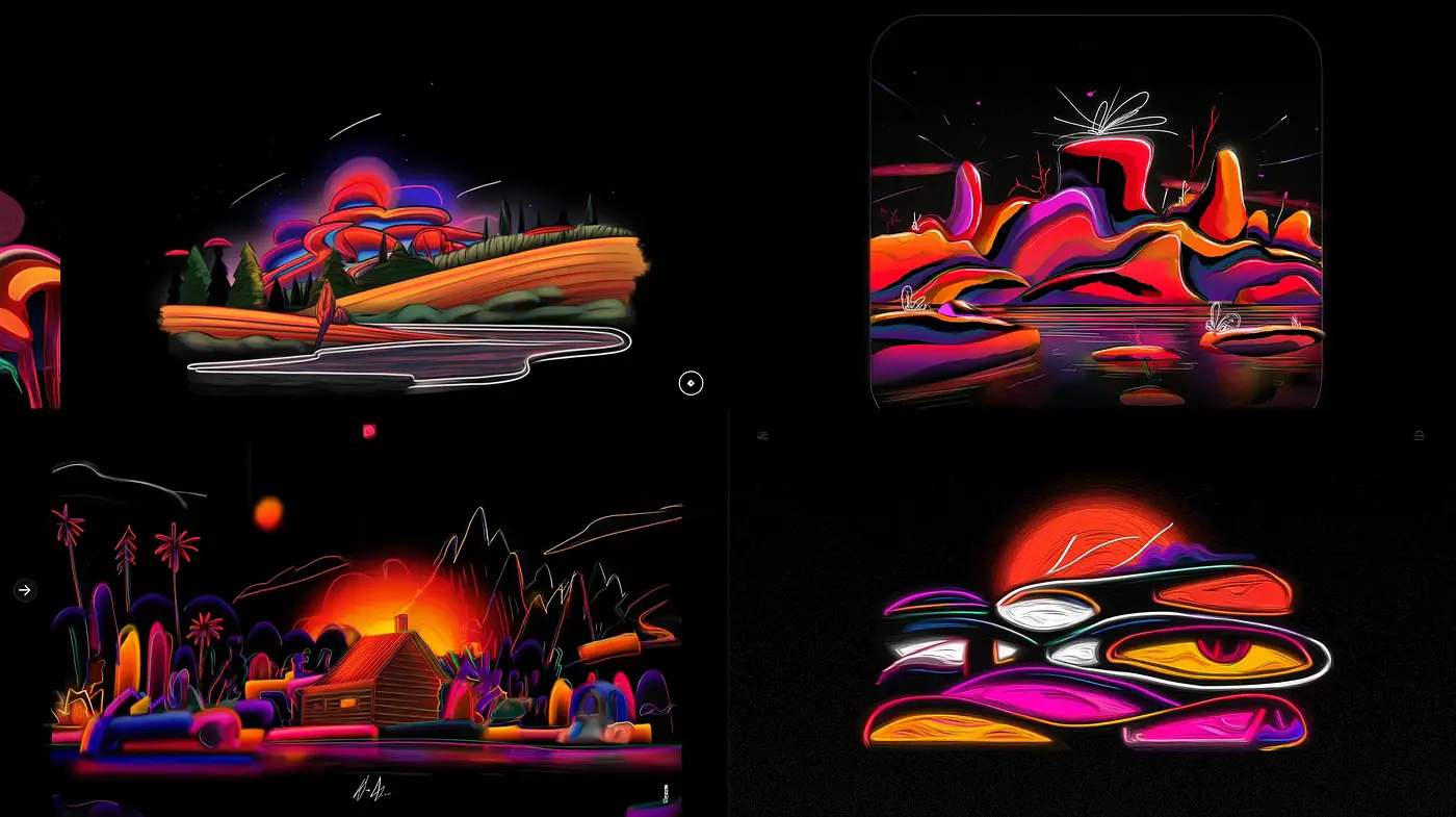 Vibrant and stylized surreal landscapes with neon accents - Midjourney sref style