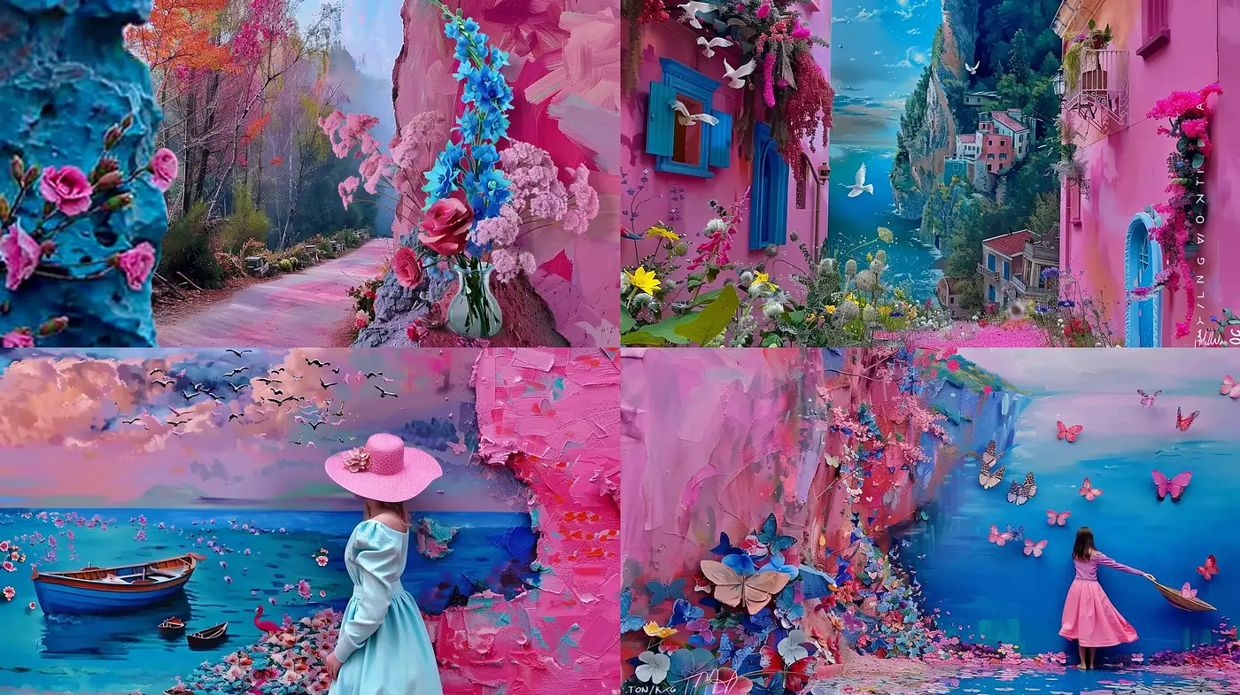 Enchanted Chromatic Dreamscape: A Surreal Fusion of Vivid Hues and Floral Abundance - Midjourney sref style