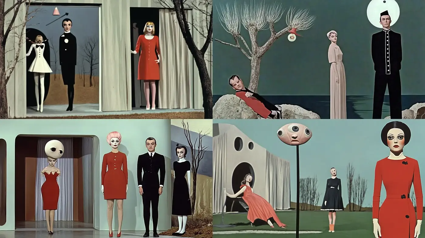 Surrealist Cinematic Tableaux with Retrofuturistic Overtones - Midjourney sref style