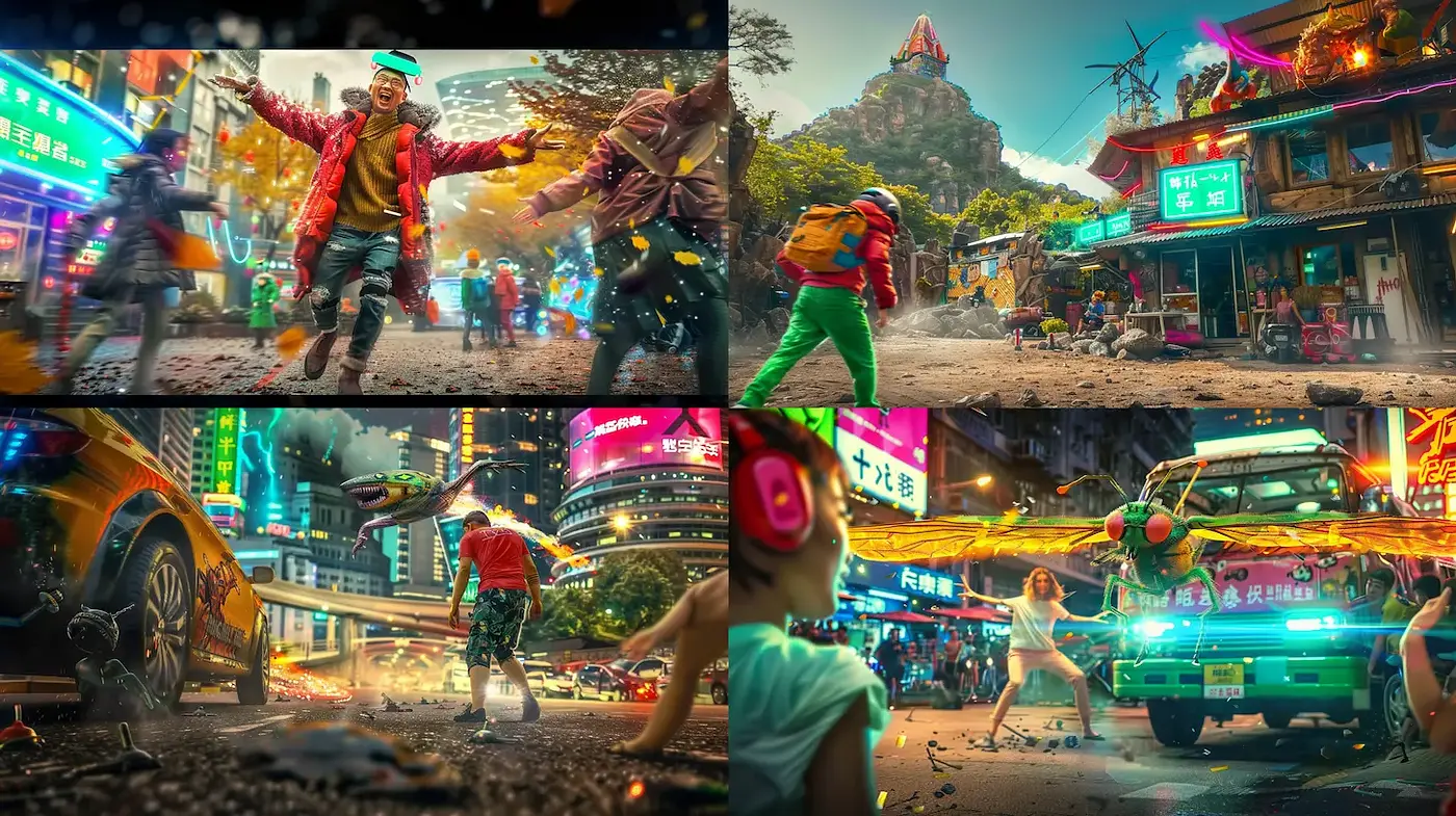 Dynamic Urban Future with Vivid Neon Aesthetic and Playful Elements - Midjourney sref style