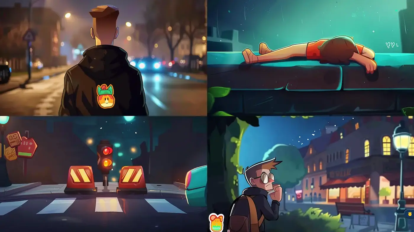 Stylized Urban Nightscapes with an Emphasis on Character and Atmosphere - Midjourney sref style