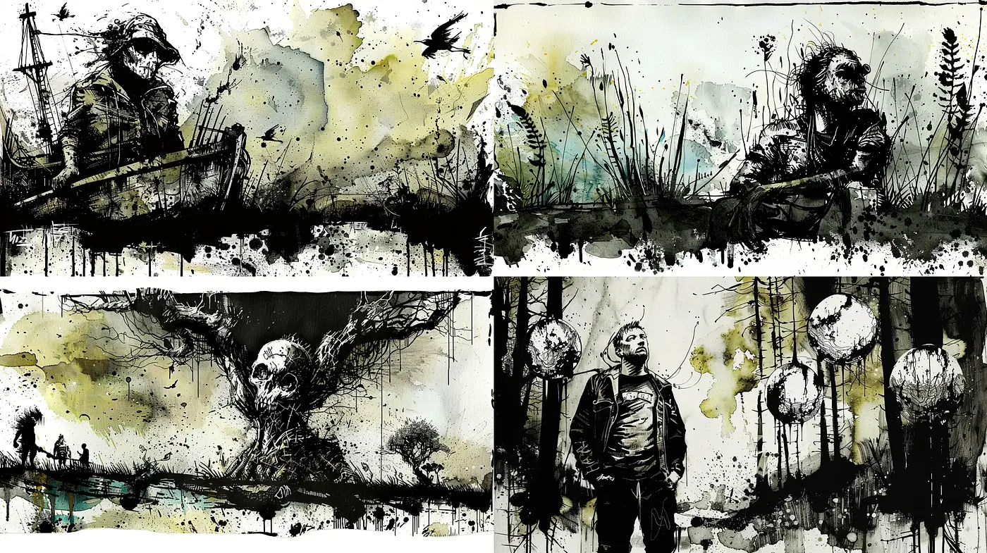Ethereal Ink-Washed Dreamscapes with Dark Undertones - Midjourney sref style
