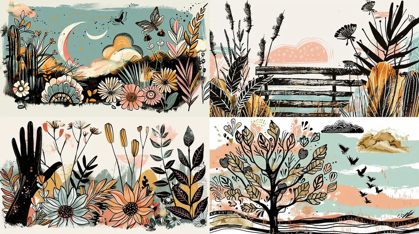 Whimsical Nature Illustrations with a Playful Artistic Touch - Midjourney sref style