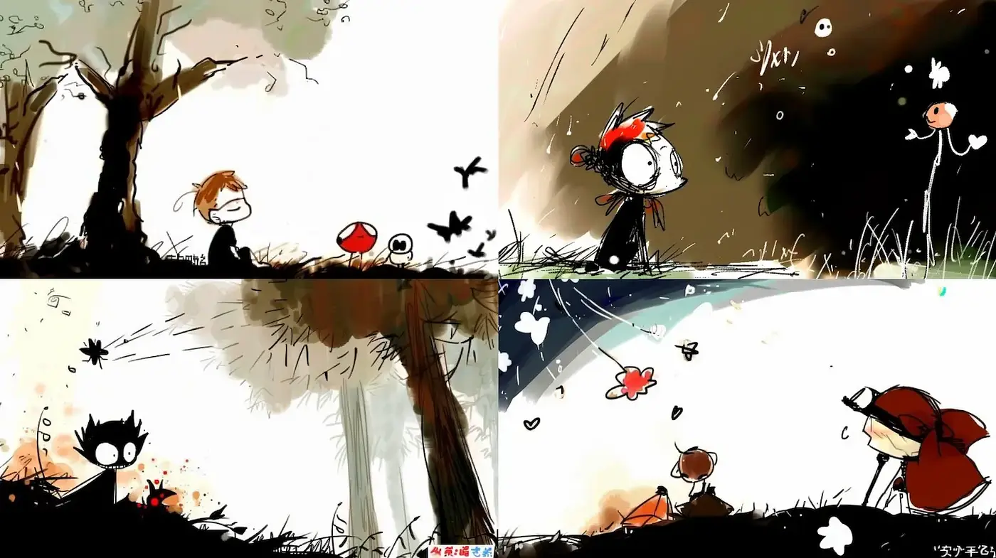 Whimsical illustrations with a blend of playfulness and melancholy - Midjourney sref style