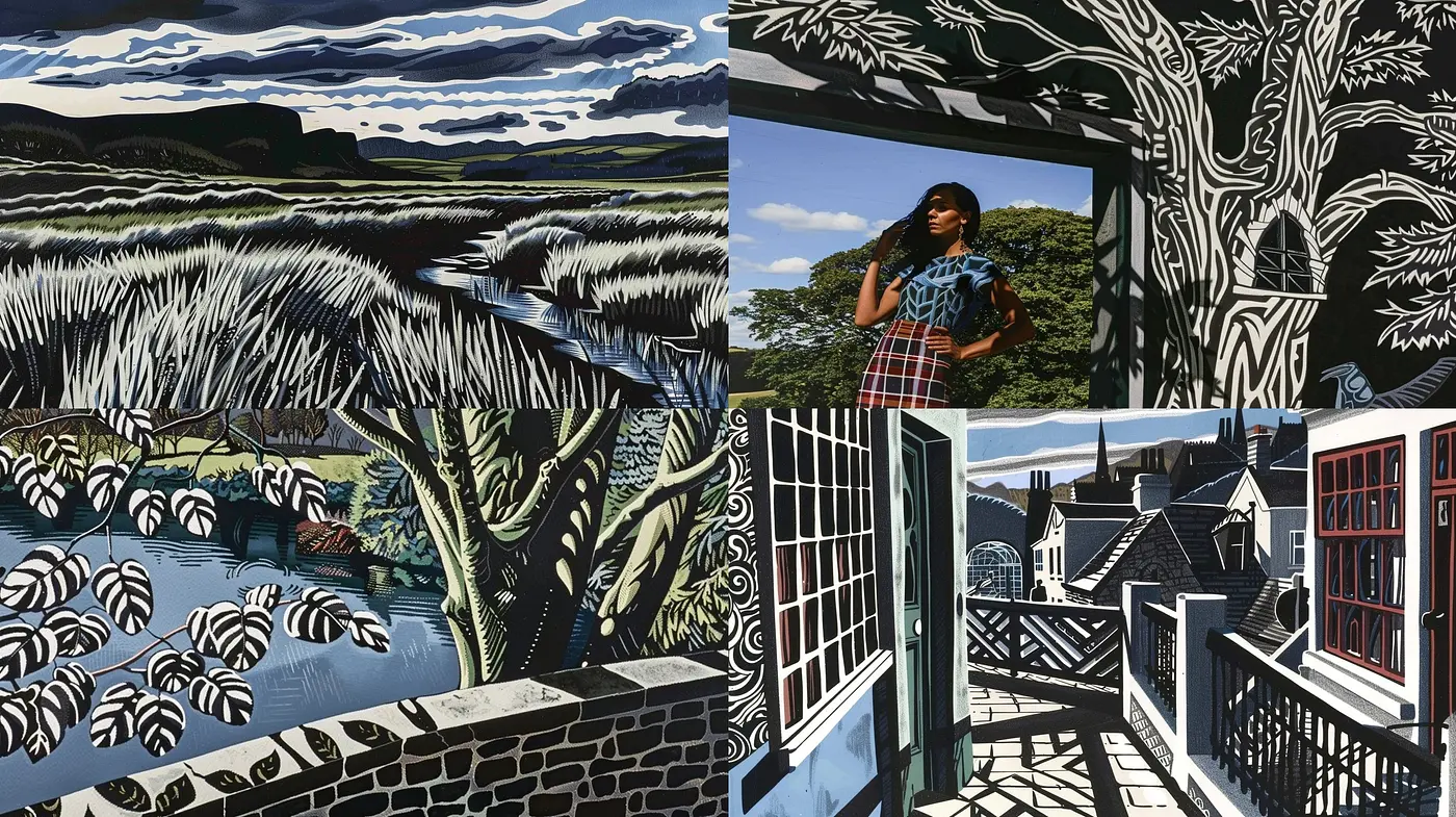 Stylized Contrast of Monochromatic Textures and Expressive Colors in a Cinematic Tableau - Midjourney sref style