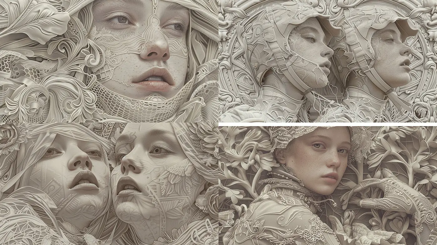 Ethereal Monochrome Dreamscape: A Harmonious Blend of Surrealism and Neo-Classicism - Midjourney sref style