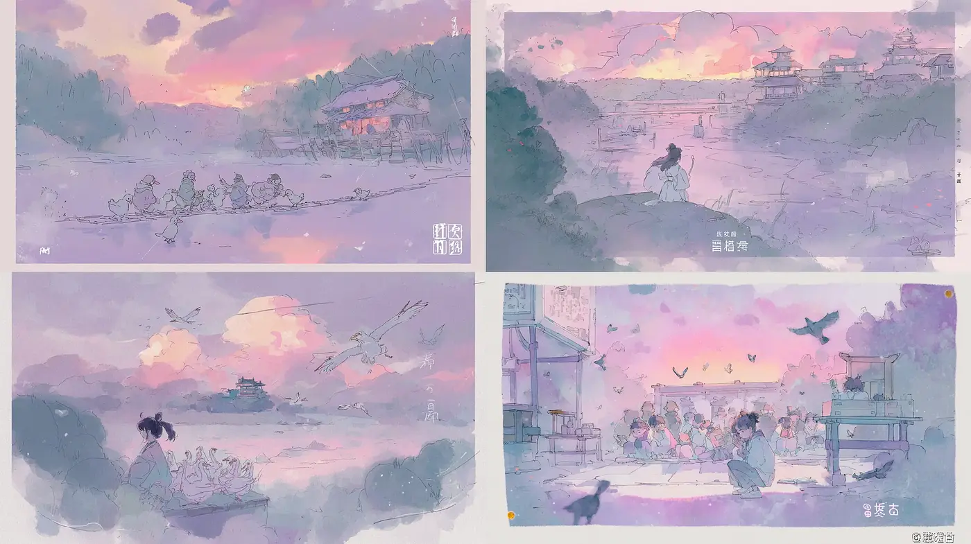 Dreamy pastel illustrations with tranquil atmospheres and soft textures - Midjourney sref style