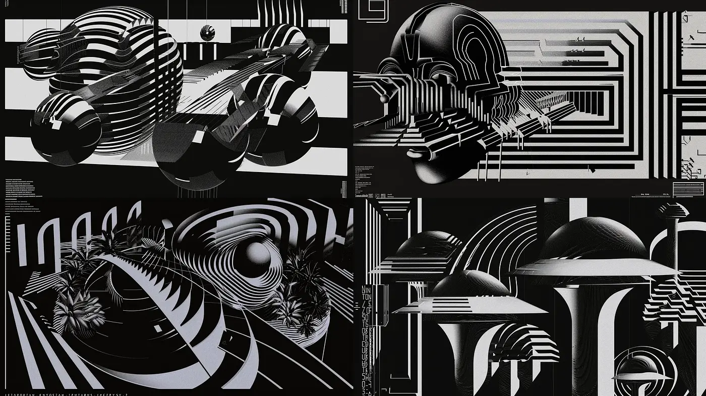 Monochromatic Op Art Explorations in Dynamic Abstract Formations - Midjourney sref style
