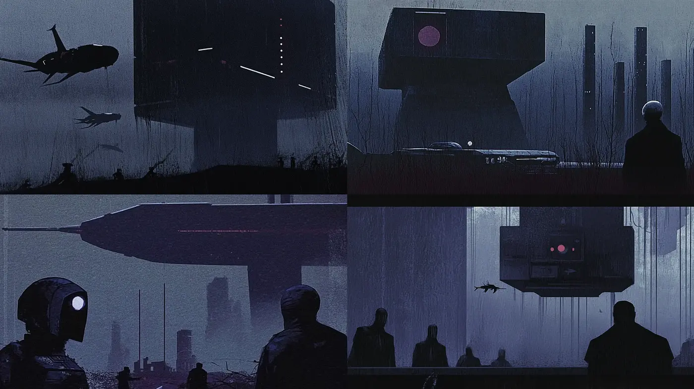 Cybernoir Dreamscape: A Fusion of Futurism and Mystery - Midjourney sref style