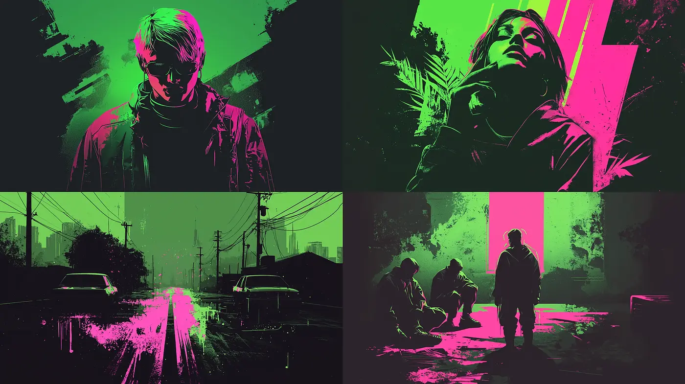 Neon Noir Transcendence: A Vivid Fusion of Dystopian Glow and Shadow - Midjourney sref style