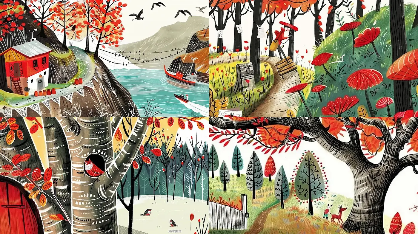 Charming and Whimsical Autumnal Landscapes with Playful Characters and Rich Textures - Midjourney sref style
