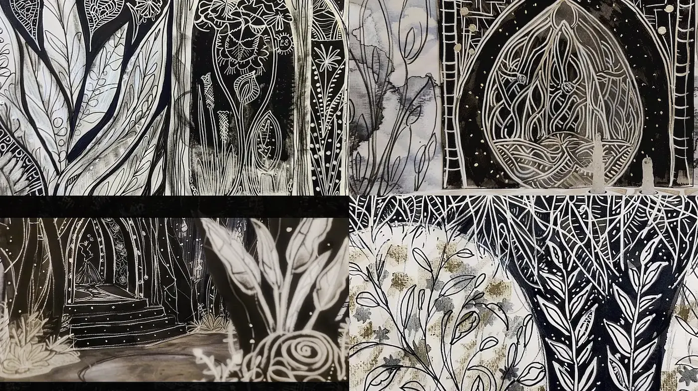 Whimsical Black and White Botanical Illustration with Intricate Details - Midjourney sref style