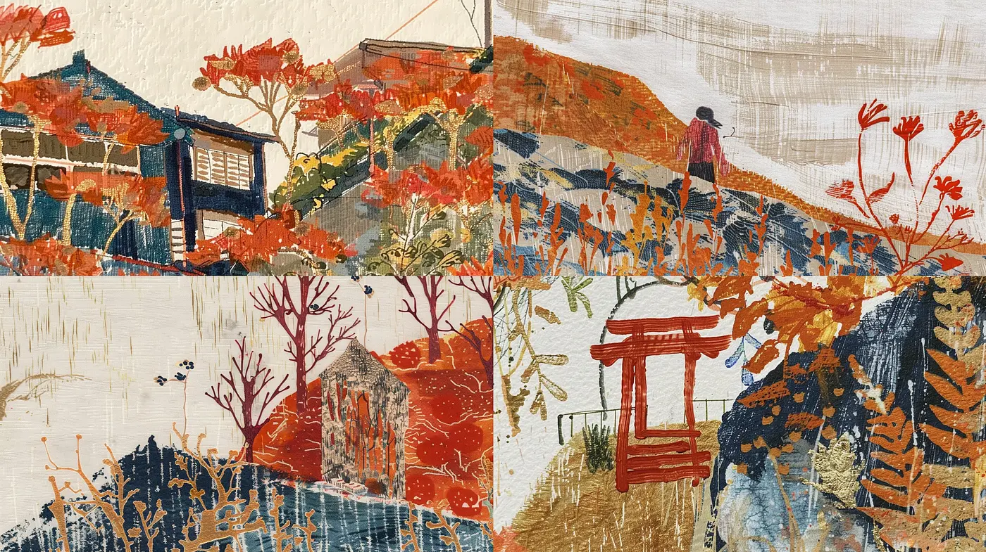 Autumnal Textured Tapestry: A Harmony of Gold and Vermilion - Midjourney sref style