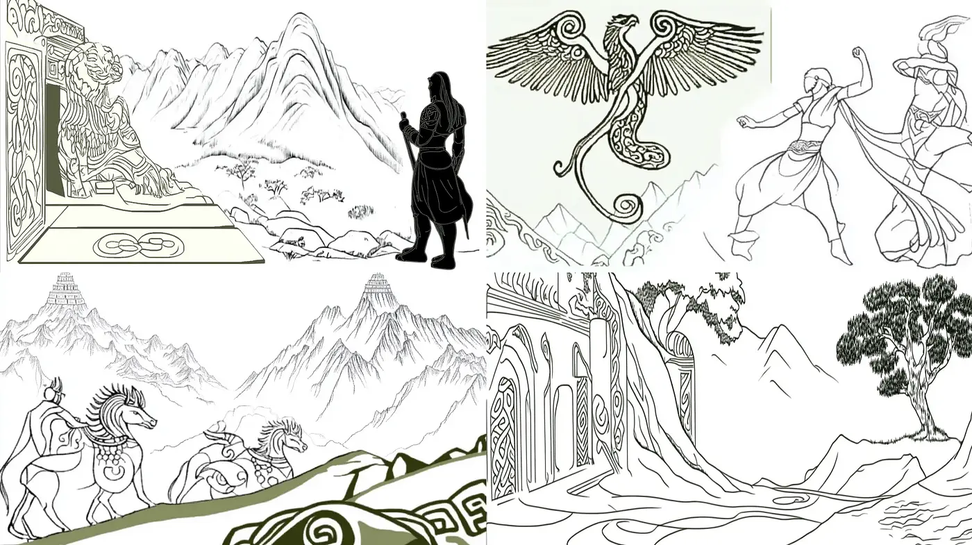 Ethereal Monochromatic Line Art of Mythical Sceneries - Midjourney sref style