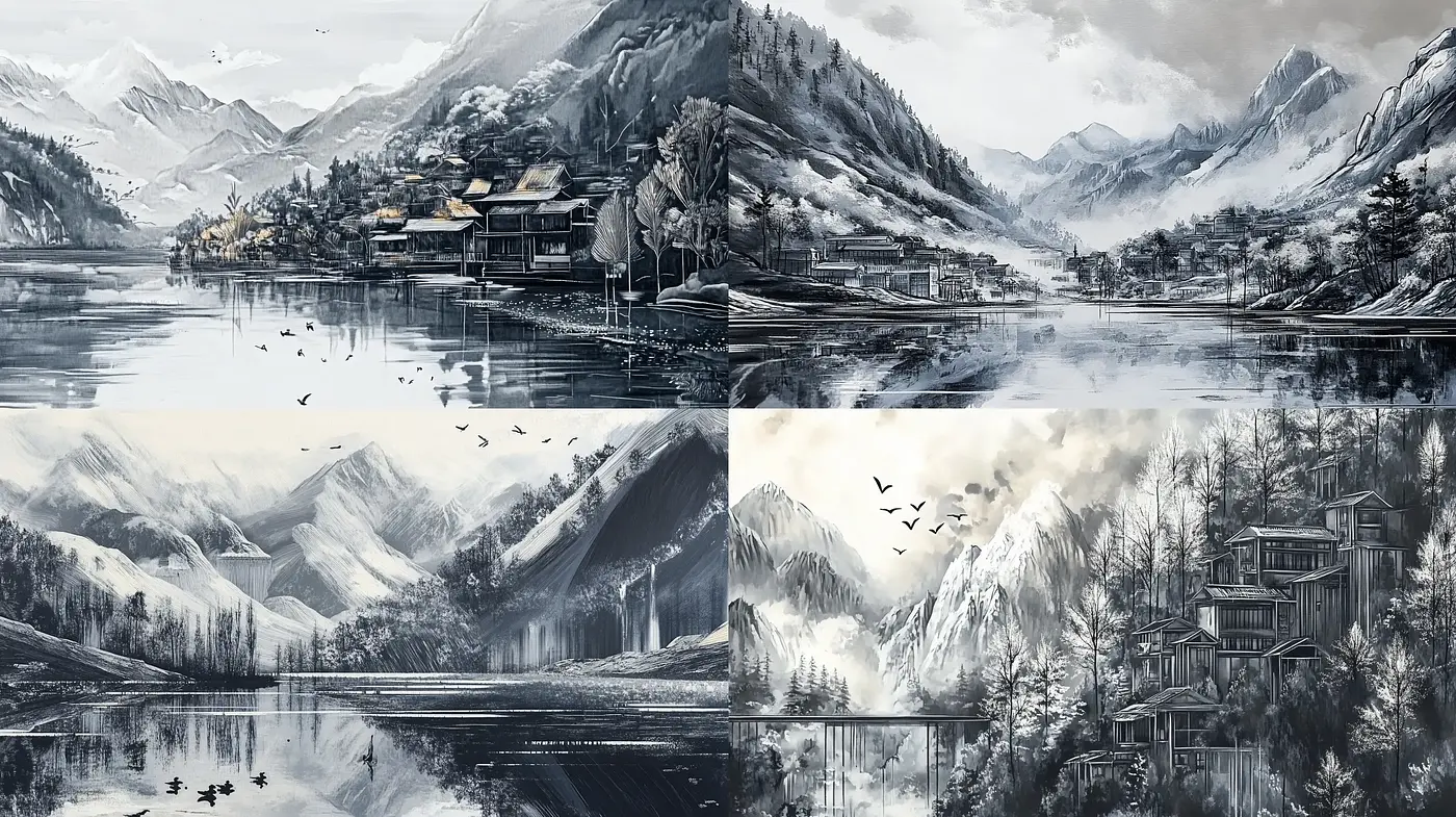 Monochromatic Tranquility: A Harmonious Blend of Nature and Ink - Midjourney sref style