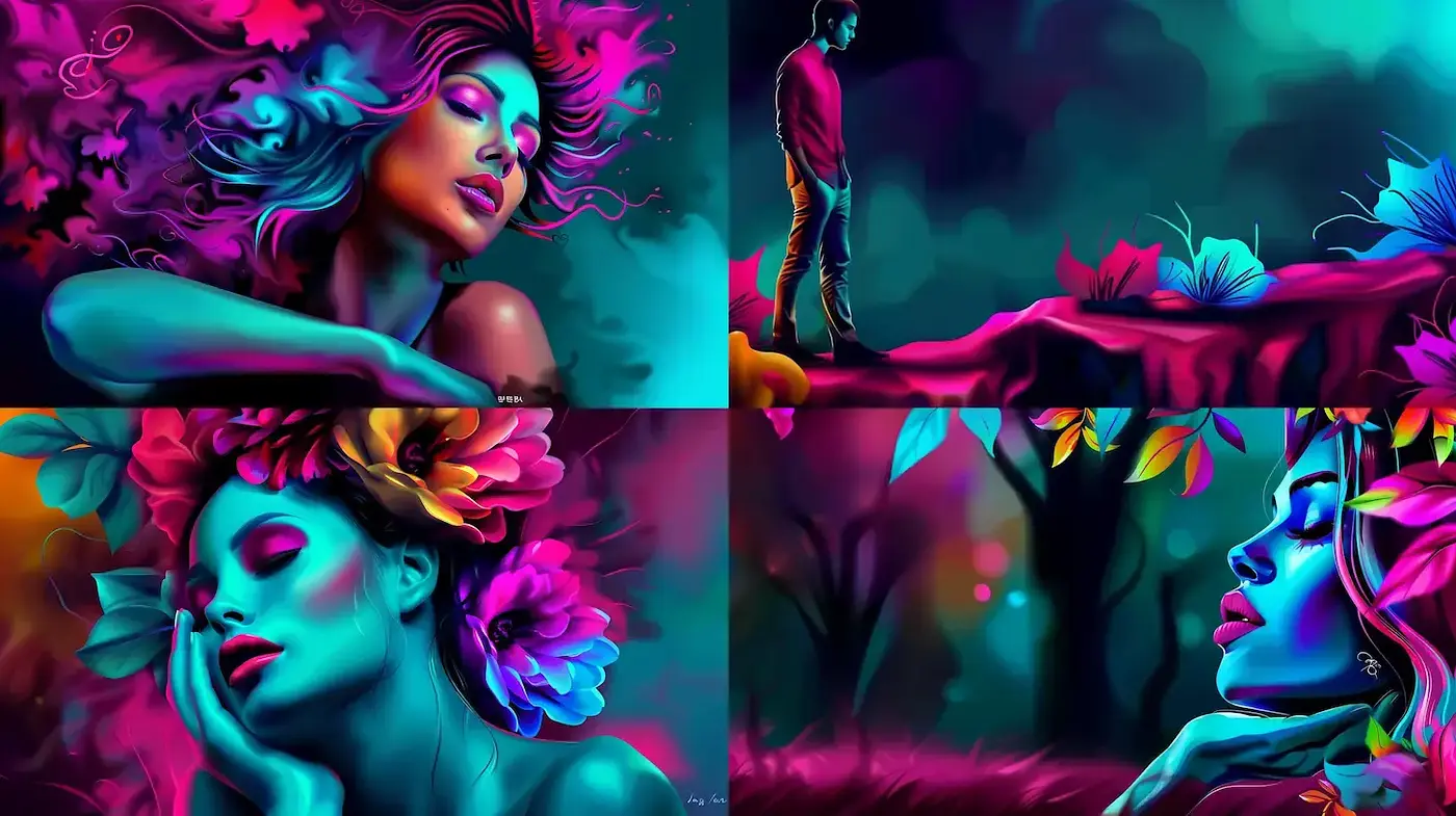 Vibrant Dreamlike Illustrations with Surreal Elements - Midjourney sref style