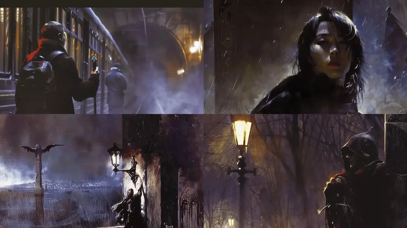 Mysterious and Atmospheric Dark Fantasy Artwork with Elements of Urban Life - Midjourney sref style