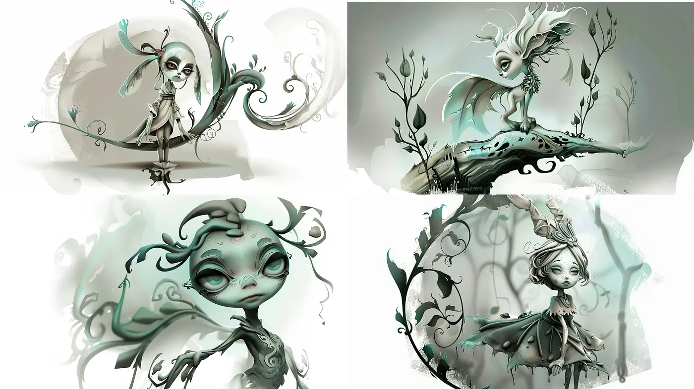 Whimsical Monochrome Fantasia with Enchanting Characters - Midjourney sref style