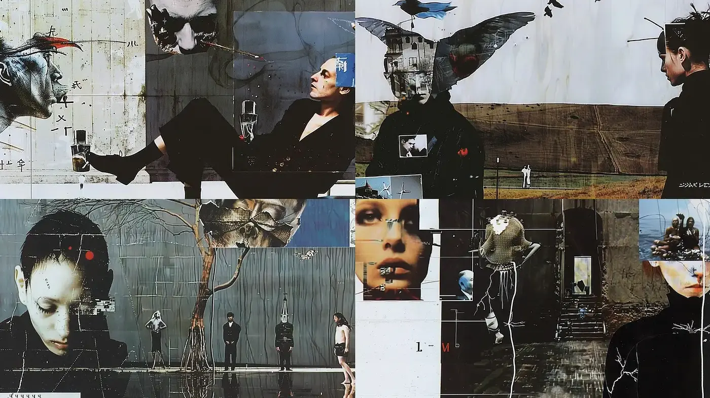 Surreal and Eclectic Visual Collage with a Dark Aesthetic - Midjourney sref style