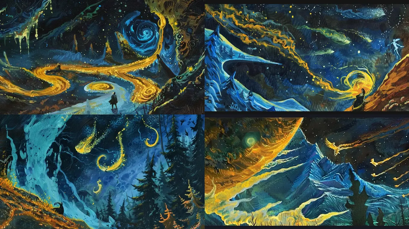 Starry Cosmic Dreamscapes: A Homage to Van Gogh's Swirling Skies - Midjourney sref style