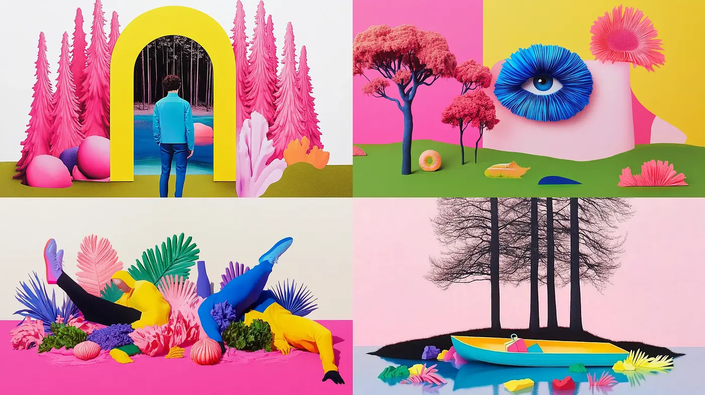 Surreal Landscape Pastiche with Vivid Color Contrasts and Whimsical Forms - Midjourney sref style