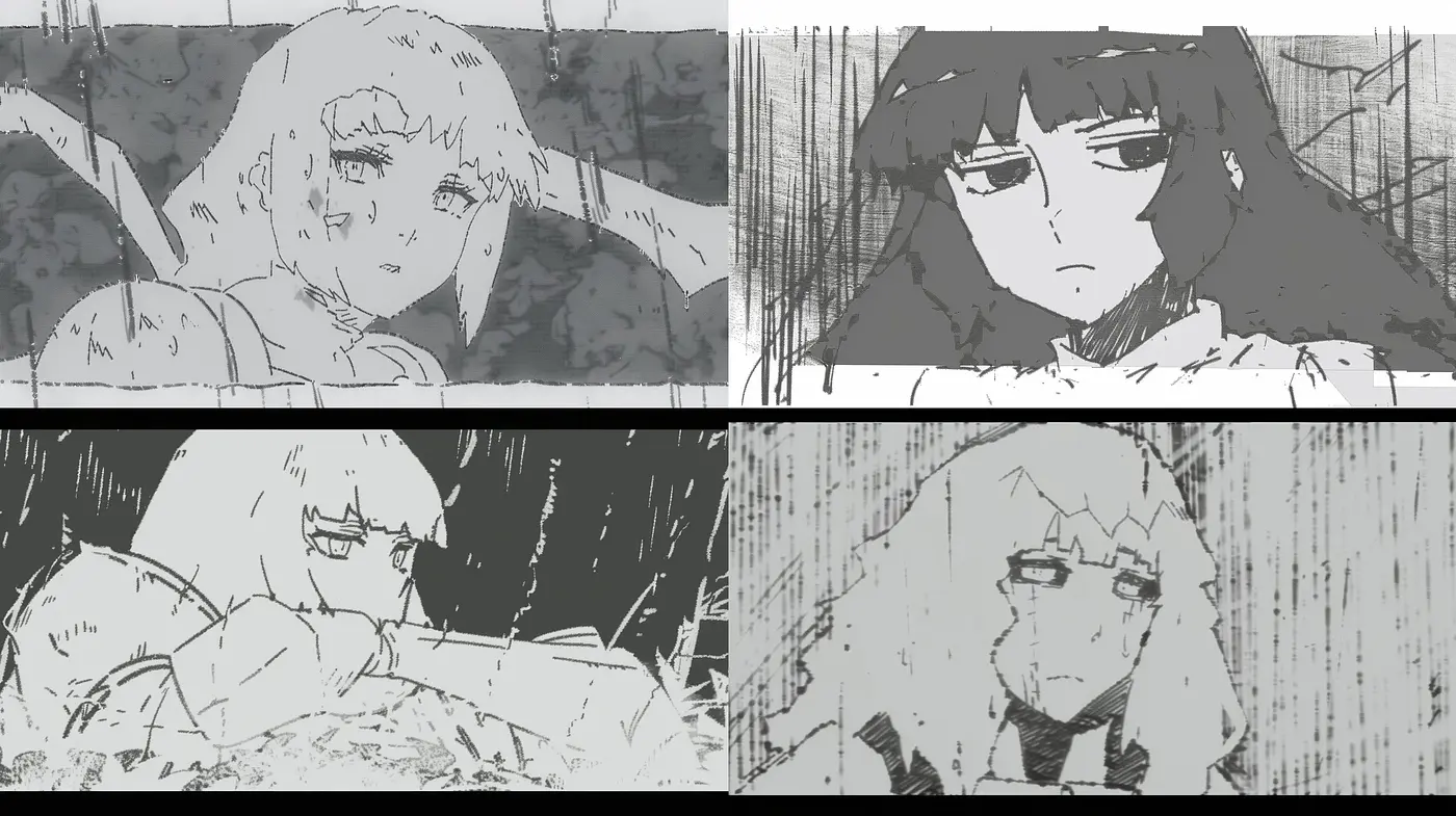 Monochromatic Manga Sketches with Textured Shadows and Emotive Character Portrayal - Midjourney sref style