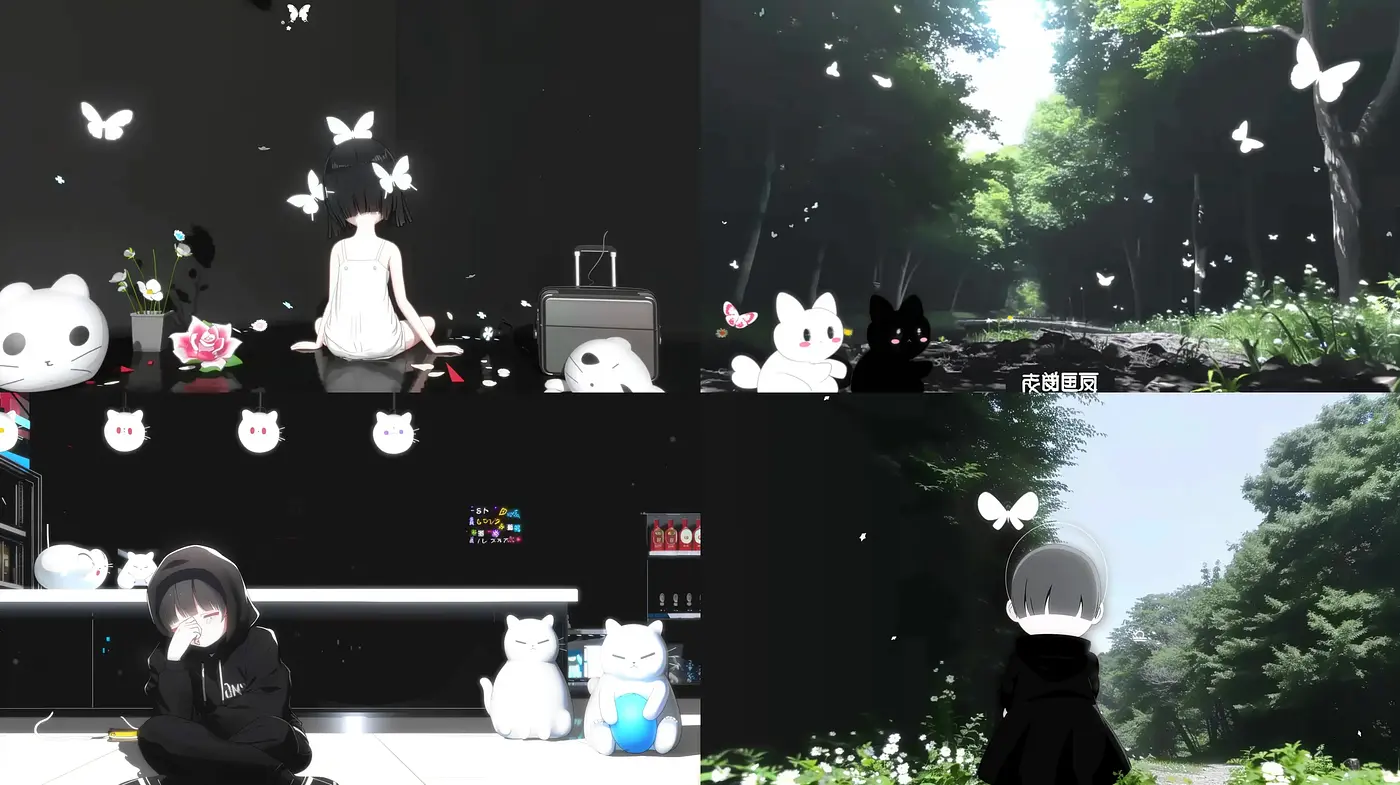 Monochrome Dreamscape with Surreal Contrasts and Anime Essence - Midjourney sref style