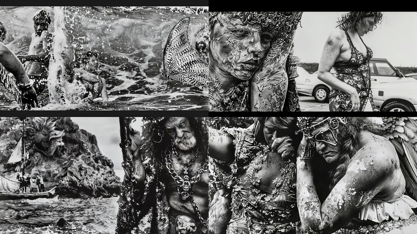 Monochromatic Textural Oceanic Imagery with Surrealist Overtones - Midjourney sref style