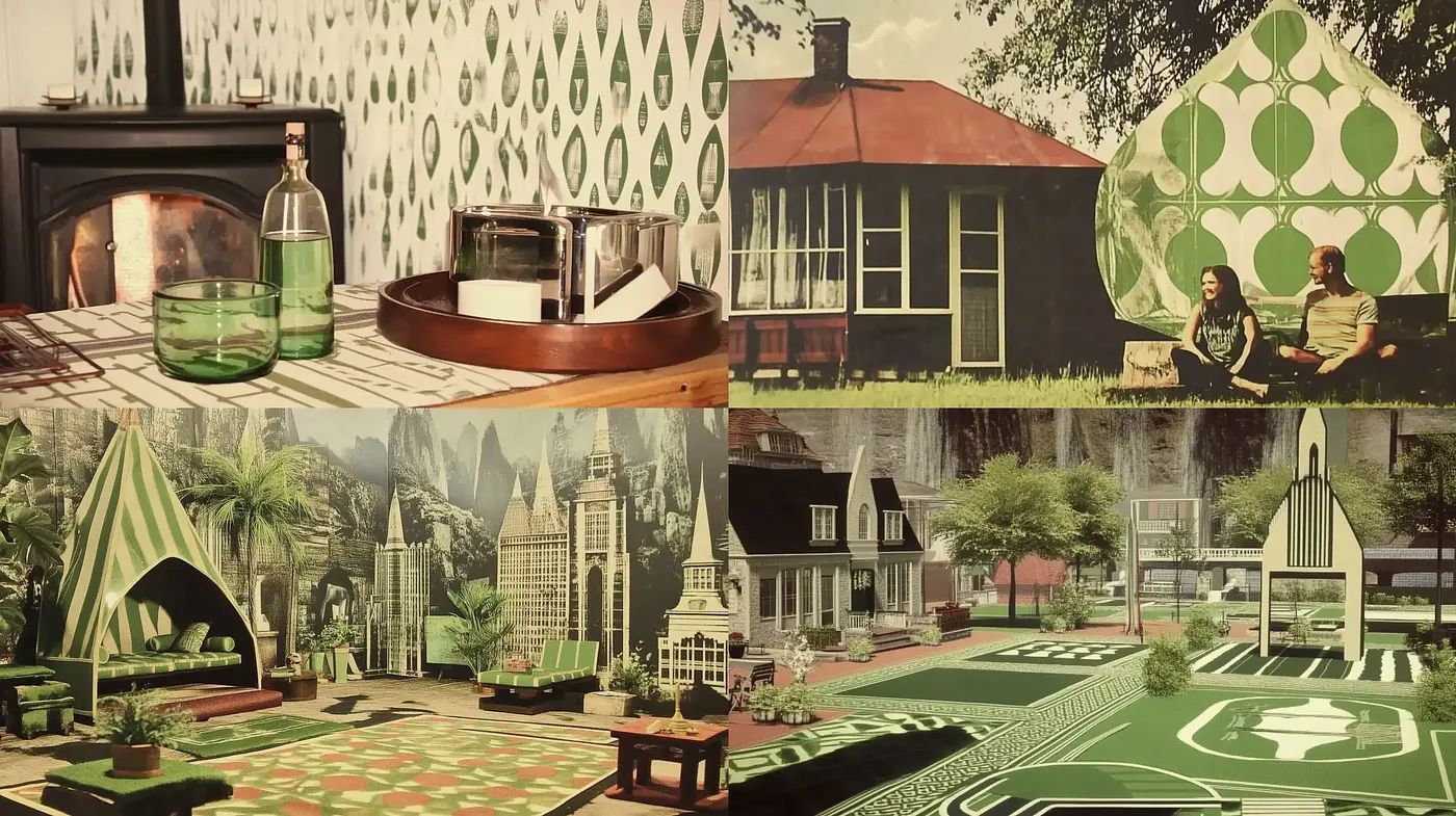 Retro-Futuristic Pastoral Dreamscapes with Geometric Accents - Midjourney sref style