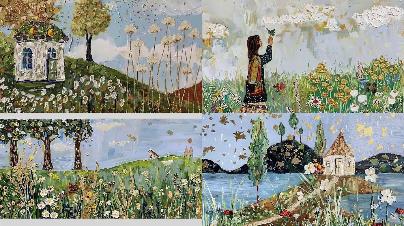 Whimsical Landscapes with Nature and Simplistic Charm - Midjourney sref style