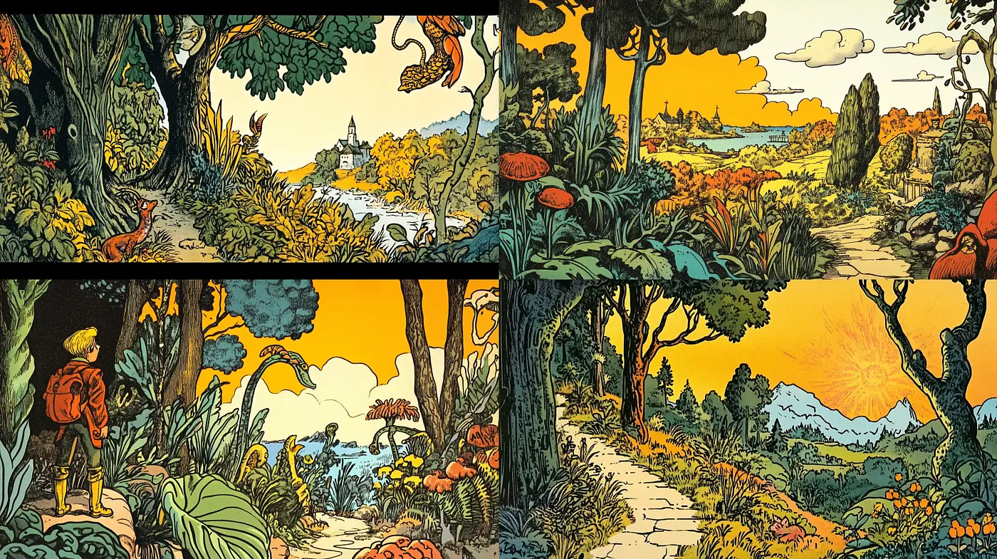 Lush Arcadian Vistas: A Homage to Vintage Comic Book Aesthetics - Midjourney sref style