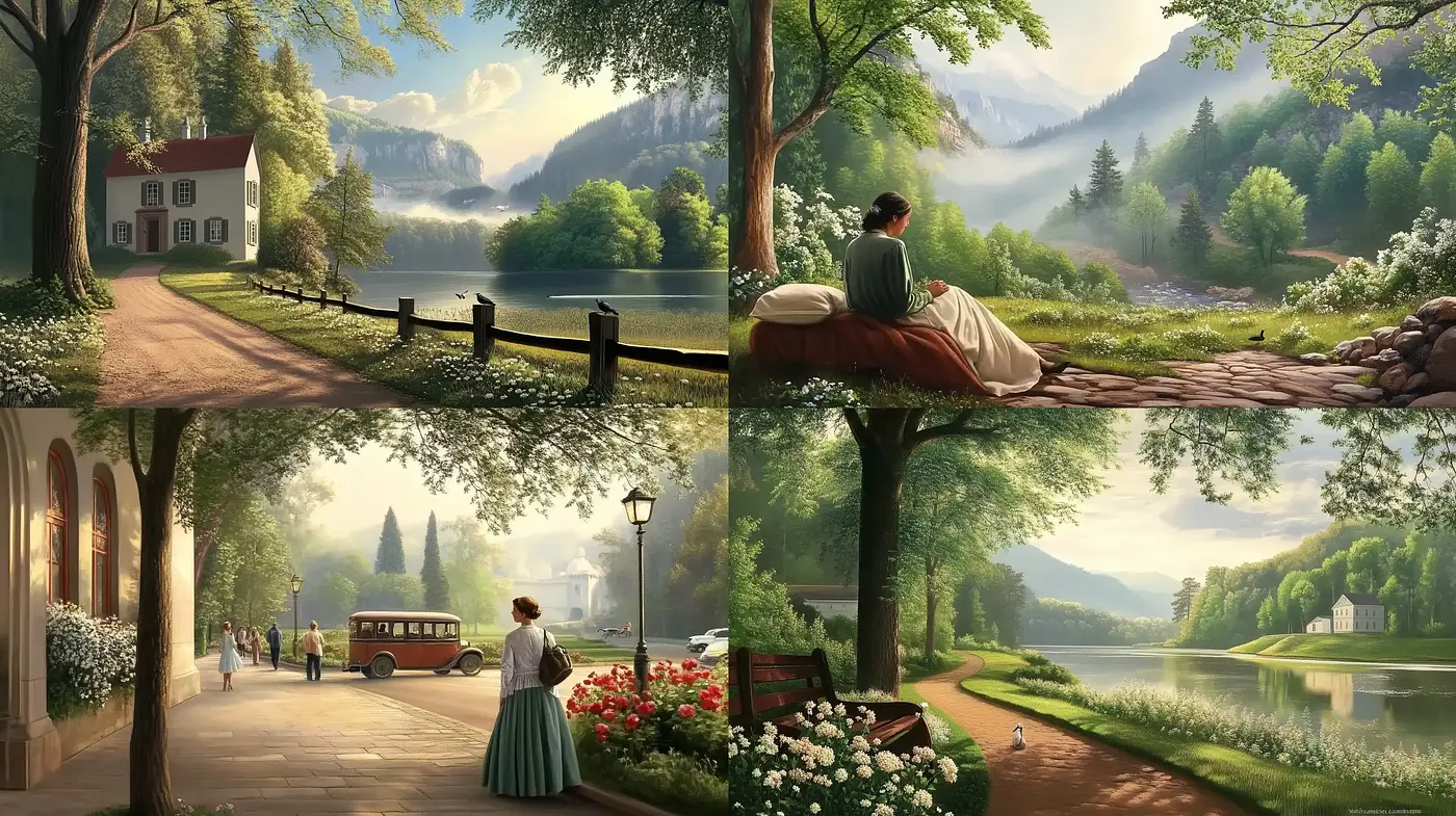 Tranquil Vistas of Bygone Eras: A Harmonious Blend of Nature and Nostalgia - Midjourney sref style