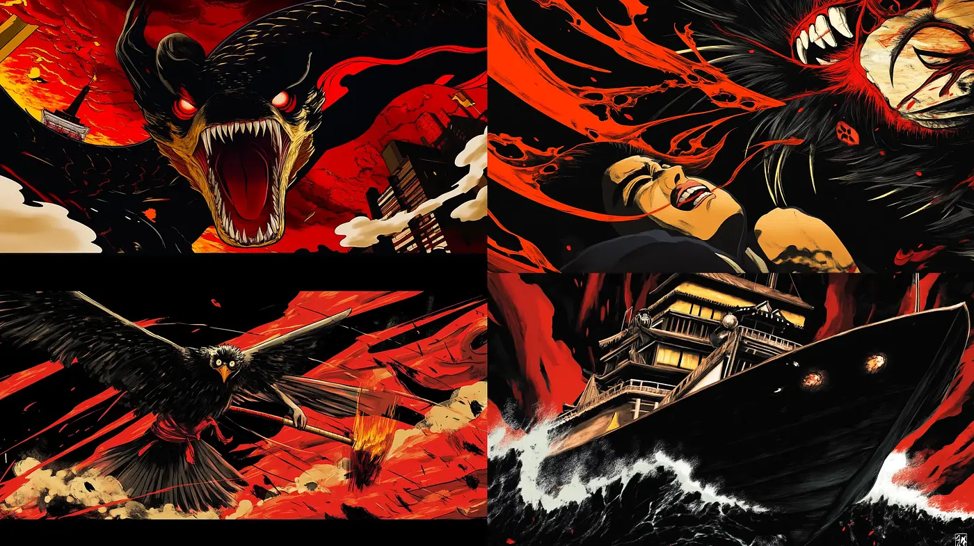 Dynamic Expressionism with Striking Contrast and Red-Black Palette - Midjourney sref style