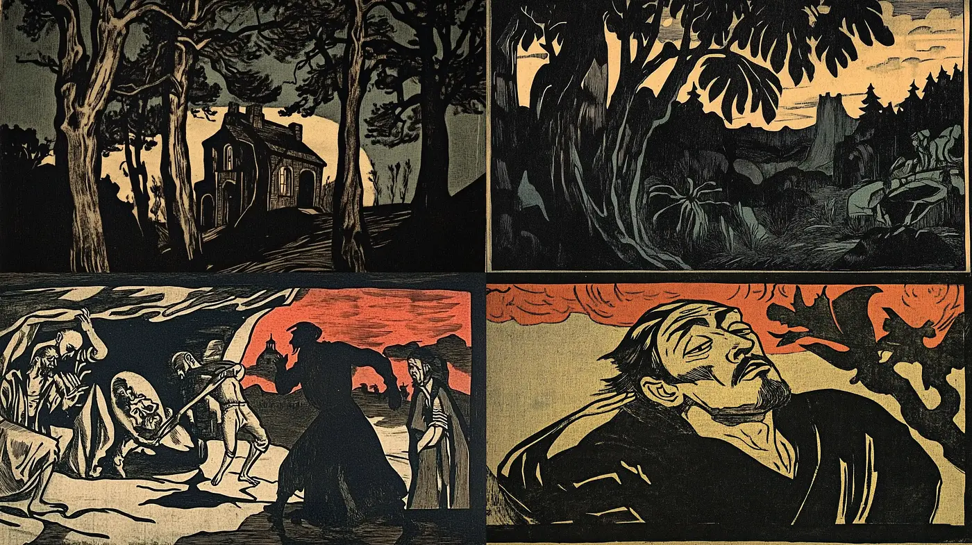 Ethereal Nocturne: A Fusion of German Expressionism and Woodcut Print Techniques - Midjourney sref style